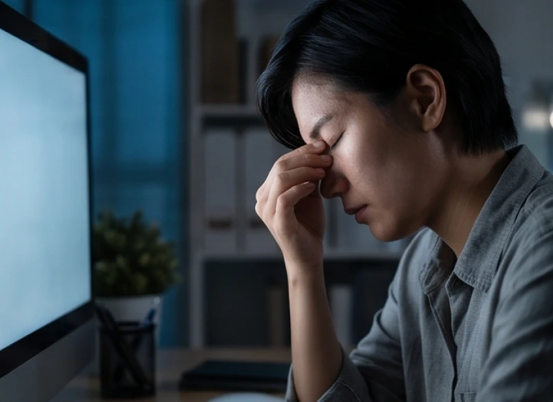 Mơ thấy công việc không thuận lợi: Điềm báo và số đẹp 5 Đôi mắt thâm quầng và khuôn mặt mệt mỏi của người nhân viên do thức khuya chạy deadline