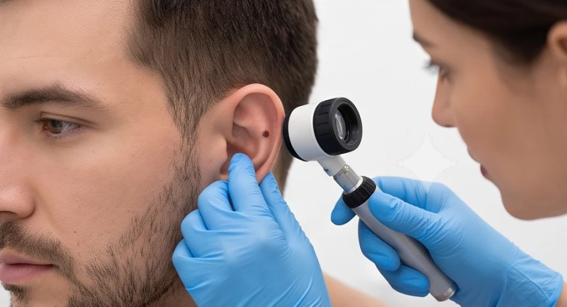 Bác sĩ da liễu dùng kính lúp chuyên dụng kiểm tra nốt ruồi bất thường trên vành tai trái của bệnh nhân nam