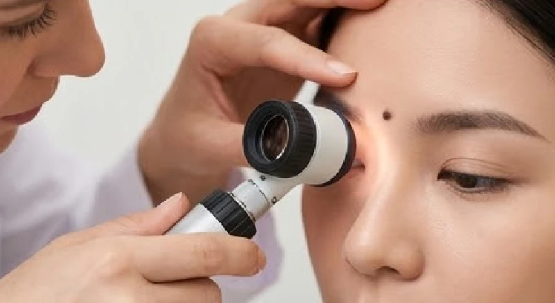 Nốt ruồi có đường viền nham nhở và màu sắc không đồng đều đang được bác sĩ soi da kĩ lưỡng