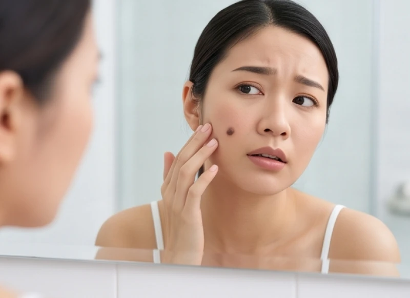 Nốt ruồi ở má: Ý nghĩa phong thủy, độ an toàn và chi phí tẩy 4 Người phụ nữ tỏ vẻ lo lắng khi chạm nhẹ vào nốt ruồi có kích thước lớn bất thường trên má
