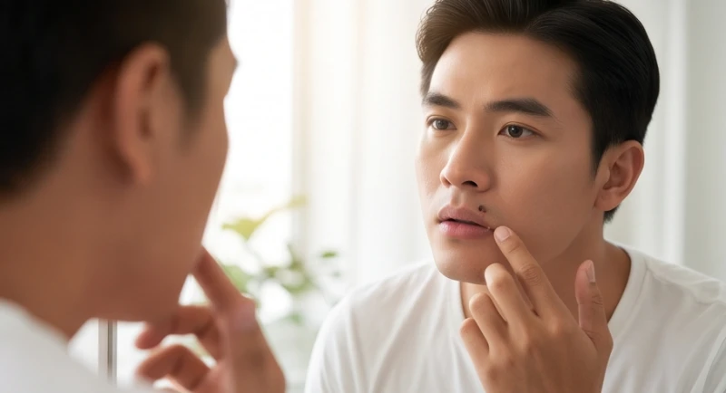 Người nam giới đang tự kiểm tra sự biến đổi bất thường của nốt ruồi trên mép môi trước gương lớn