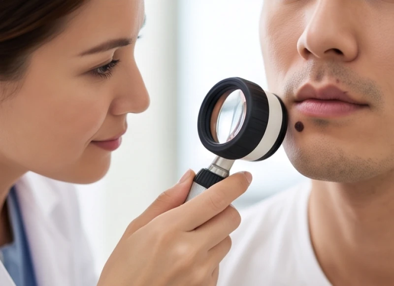 Bác sĩ da liễu sử dụng dụng cụ y tế chuyên dụng để kiểm tra bất thường của nốt ruồi vùng mép