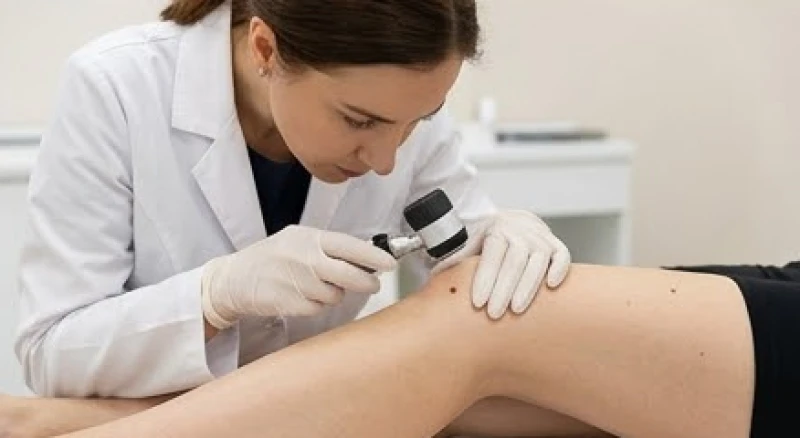 Bác sĩ da liễu dùng kính lúp kiểm tra cẩn thận kích thước và viền nốt ruồi