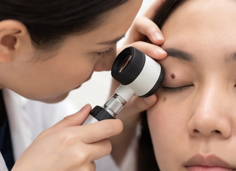 Sơ đồ trực quan hoặc bác sĩ soi da đánh giá sự biến đổi bất thường của nốt ruồi theo quy tắc ABCDE