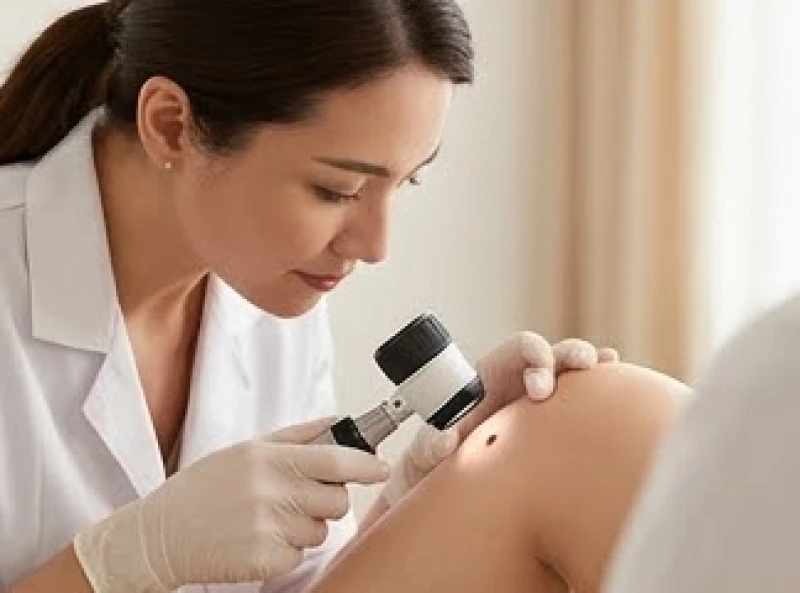 Bác sĩ da liễu đang sử dụng kính lúp chuyên dụng để soi kỹ cấu trúc nốt ruồi ở ngực trái
