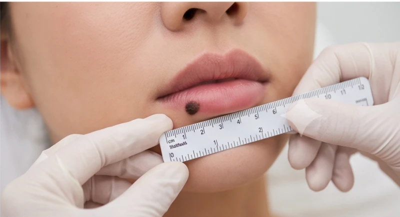 Sử dụng thước dây chuyên dụng đo kích thước của một nốt sắc tố lớn có viền mờ nhạt trên da