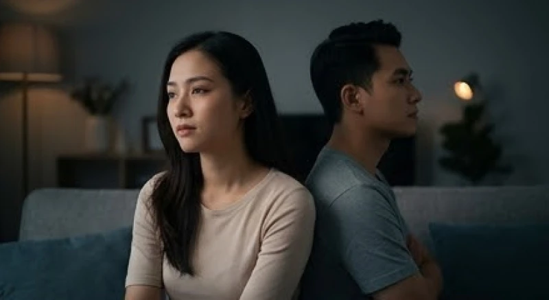Cặp đôi ngồi quay lưng lại với nhau trên ghế sofa thể hiện sự mất kết nối trong mối quan hệ