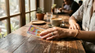 Người phụ nữ đang xem tờ vé số khi cơ thể xuất hiện dấu hiệu sắp trúng số độc đắc như ngứa lòng bàn tay