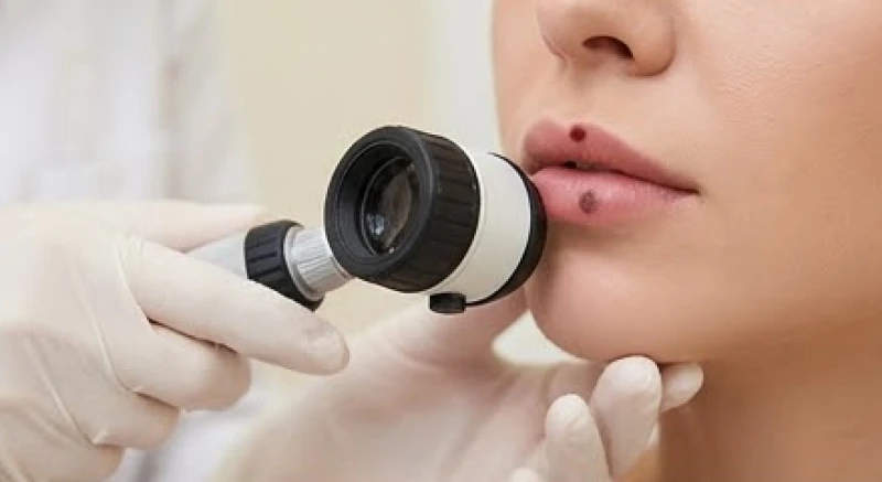 Bác sĩ da liễu đang soi và kiểm tra một nốt sắc tố bất thường trên vùng da quanh môi bệnh nhân