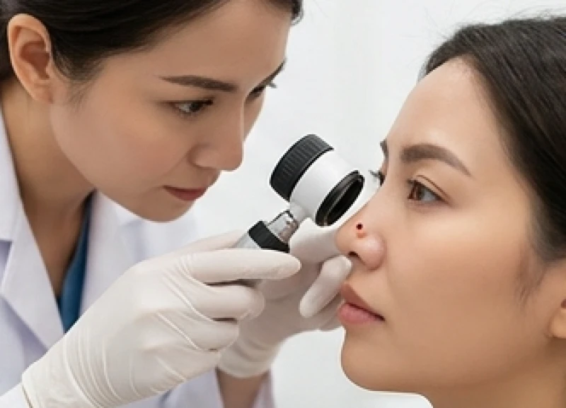 Nốt ruồi ở cánh mũi: Ý nghĩa tướng số & bảng giá tẩy an toàn 6 Bác sĩ da liễu dùng kính lúp y khoa kiểm tra kỹ nốt ruồi ở cánh mũi