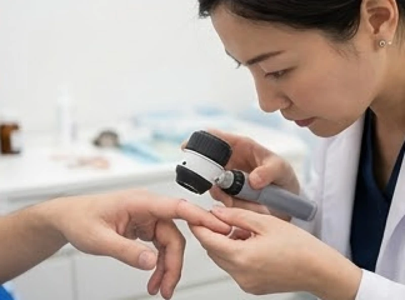 Bác sĩ da liễu dùng thiết bị chuyên dụng soi kỹ nốt ruồi bất thường trên ngón tay bệnh nhân