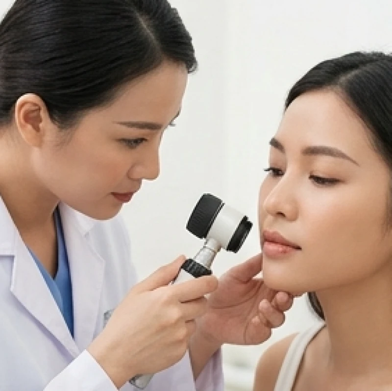 Nốt ruồi ở môi dưới nữ: Ý nghĩa vị trí & hướng dẫn tẩy an toàn 8 Bác sĩ da liễu dùng thiết bị soi da chuyên dụng kiểm tra nốt ruồi trên môi