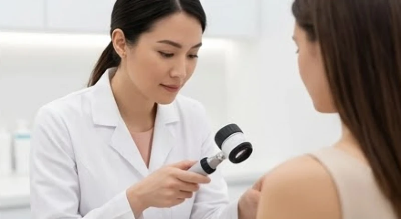 Bác sĩ da liễu sử dụng kính lúp chuyên dụng để kiểm tra các dấu hiệu bất thường trên nốt ruồi