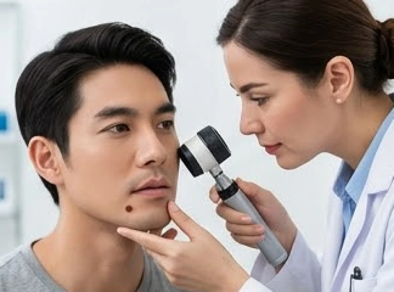Nốt ruồi ở môi dưới nam: Giải mã tướng số vi mô và lưu ý y khoa 7 Bác sĩ da liễu đang soi da môi dưới cho bệnh nhân nam để kiểm tra các dấu hiệu bất thường