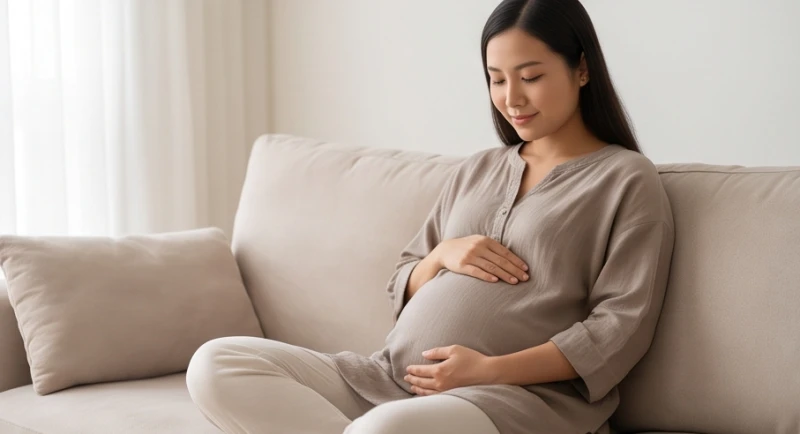 Mơ thấy chảy máu kinh: Giải mã điềm báo và góc nhìn y khoa 5 Phụ nữ mang thai đang đặt tay lên bụng với vẻ mặt điềm tĩnh và an tâm