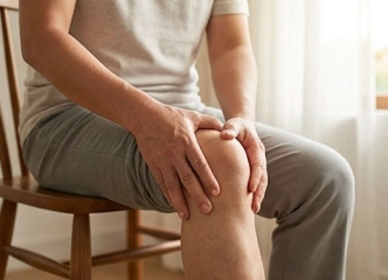 Sức Khỏe Tuổi Sửu: Hồ Sơ Bệnh Lý Trọn Đời Theo 5 Nạp Âm 1 Người trung niên ôm đầu gối mệt mỏi thể hiện rõ sự đau nhức xương khớp do thoái hóa sụn kéo dài