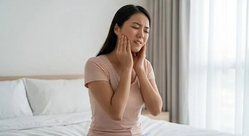 Người phụ nữ nhăn mặt lấy tay xoa bóp nhẹ vùng khớp thái dương hàm ngay khi vừa thức dậy