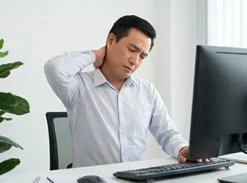 Nhân viên văn phòng vươn vai xoa bóp vùng cổ do ngồi làm việc trước máy tính liên tục nhiều giờ