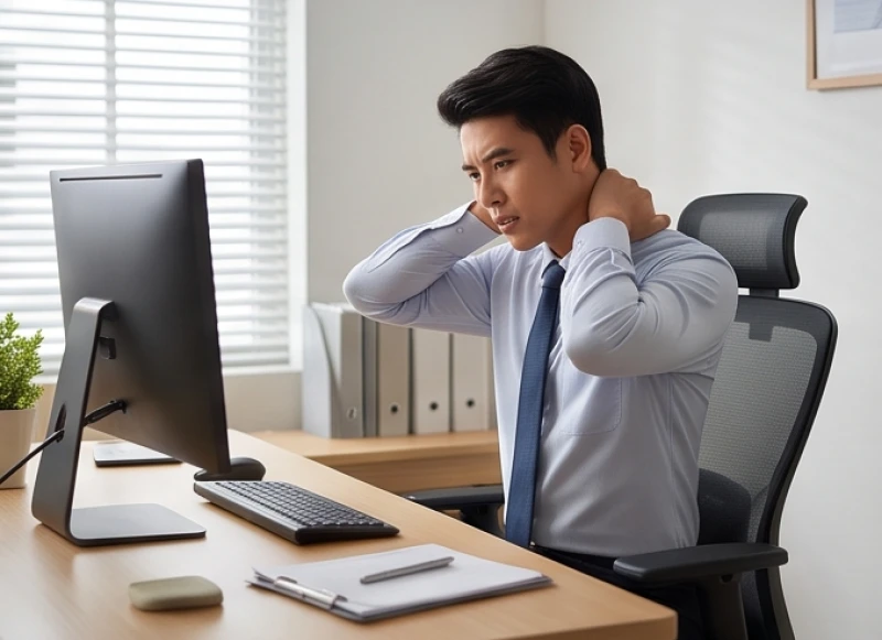 Nam nhân viên văn phòng đang vươn vai và xoa bóp vùng cổ gáy để giảm bớt cơn đau nhức cột sống