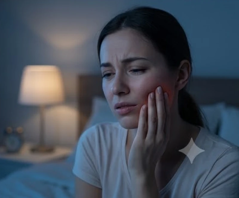 Người phụ nữ ôm má khó chịu do cơn đau nhức nha khoa thực tế gây ra trong lúc ngủ