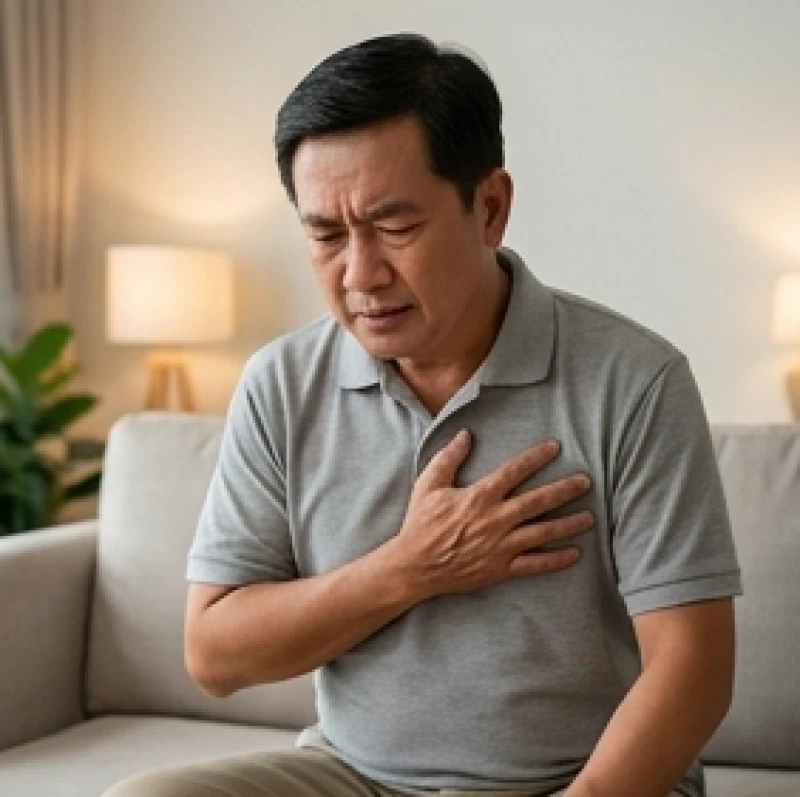 Hồi hộp bất thường là điềm gì: Giải mã 12 khung giờ & mẹo làm dịu 9 Người đàn ông ôm ngực nhăn mặt vì cơn đau thắt ngực khó thở báo hiệu bệnh tim mạch