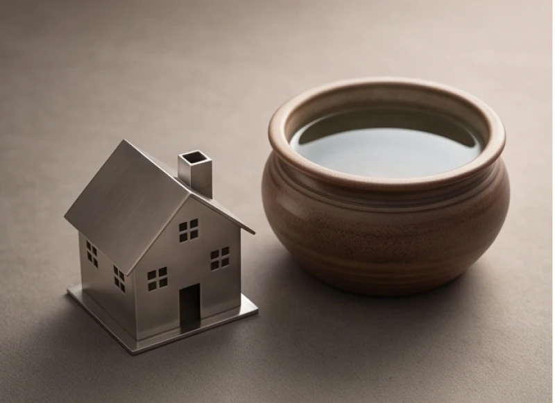 Mô hình nhà cửa nhỏ bằng kim loại đặt cạnh chậu cây phong thủy rước lộc mùa Thu