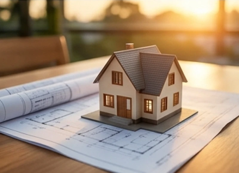 Mô hình ngôi nhà nhỏ đặt trên bản đồ quy hoạch tượng trưng cho các giao dịch bất động sản