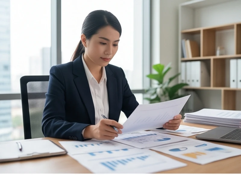 Nữ doanh nhân đang rà soát hợp đồng kinh tế và cẩn trọng với các quyết định đầu tư kinh doanh