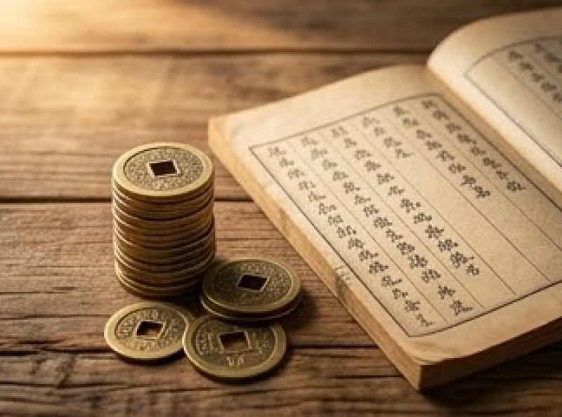 Các đồng xu cổ và sổ sách ghi chép cẩn thận được sắp xếp gọn gàng trên mặt bàn gỗ