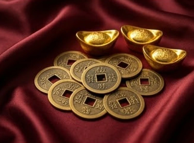 Tuổi Dậu năm 2027 có phạm Thái Tuế không? Phân tích cát hung 7 Những đồng tiền xu cổ đan xen cùng thỏi vàng kim nguyên bảo được đặt cẩn thận trên lớp lụa đỏ sẫm