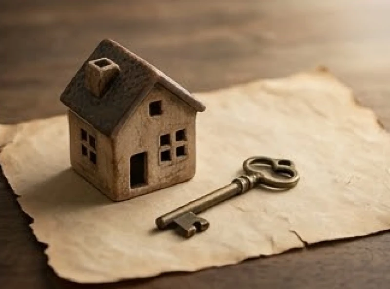 Mô hình ngôi nhà nhỏ bằng gốm và chiếc chìa khóa cổ bằng đồng đặt trên một tờ bản đồ giấy da