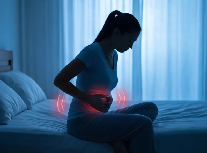 Bóng dáng một người ôm vùng bụng dưới thể hiện cảm giác đau mỏi cơ học ngay sau khi thức giấc
