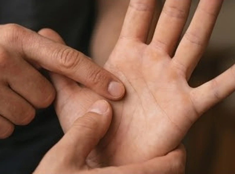 Ngón cái miết nhẹ vào gò Mộc Tinh dưới ngón trỏ để quan sát nếp gấp chỉ tay