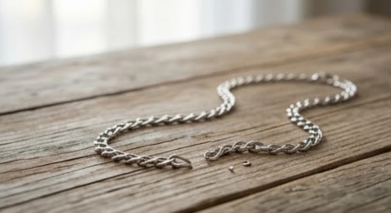 Đứt dây chuyền là điềm gì: Tra cứu khung giờ và cách hóa giải 1 Sợi dây chuyền bạc bị đứt rời các mắt xích, nằm tĩnh lặng trên bề mặt chiếc bàn gỗ cổ điển