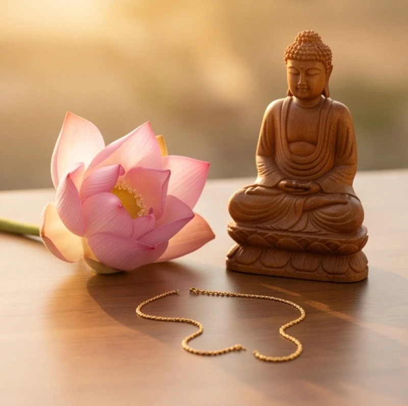 Đứt dây chuyền vàng là điềm gì: Giải mã tâm linh và chi phí hàn 2 Sợi dây chuyền vàng bị đứt nằm cạnh một bức tượng Phật nhỏ và nhánh hoa sen tĩnh lặng