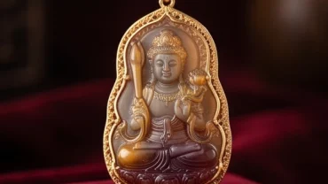 Mặt dây chuyền phong thủy tuổi Mão hình Văn Thù Bồ Tát chạm khắc tinh xảo từ đá tự nhiên bọc vàng