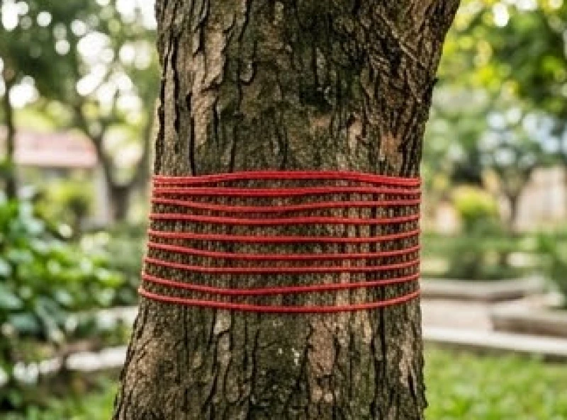 Thân cây lâu năm được quấn sợi dây đỏ 9 vòng để khóa năng lượng tiêu cực trước khi chặt