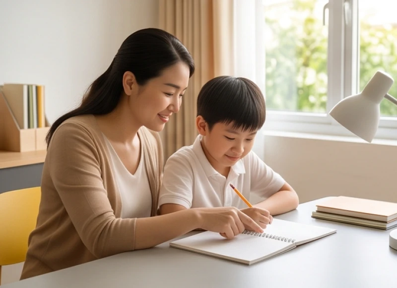Phụ huynh kiên nhẫn hướng dẫn con cái giải quyết các bài toán khó tại góc học tập ở nhà