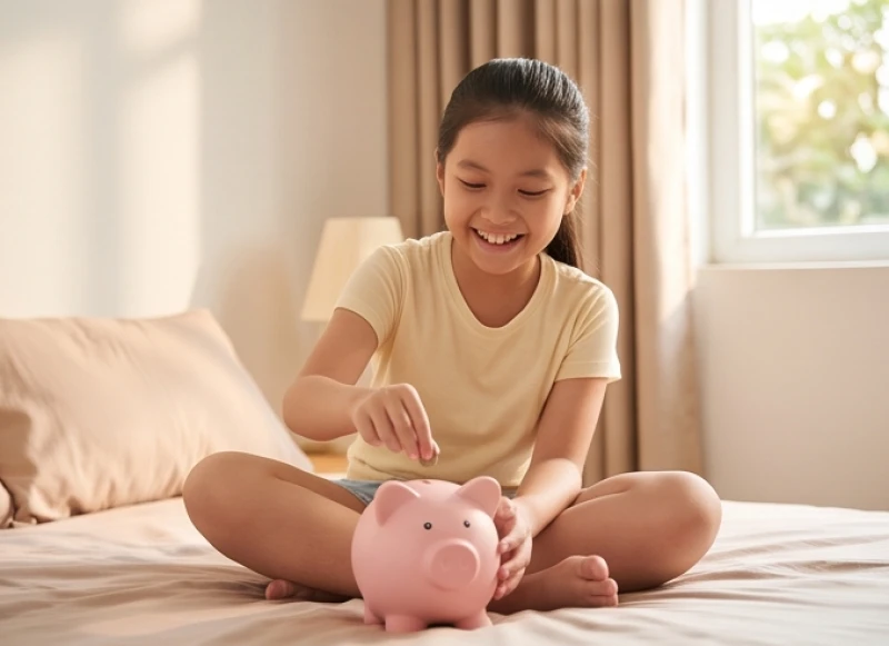 Bé gái Bính Thân cẩn thận cất tiền tiêu vặt vào ống heo tiết kiệm bằng gốm