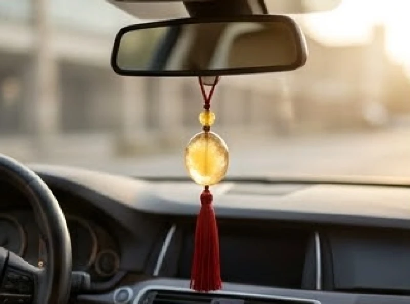 Dây treo ô tô phong thủy bằng đá thạch anh vàng kết hợp tua rua đỏ treo trên gương chiếu hậu