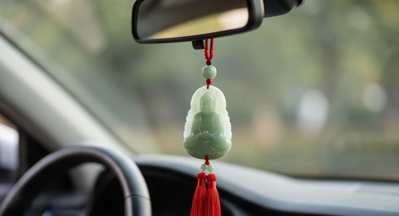 Khánh treo xe ô tô hình Phật A Di Đà bằng ngọc với dây tua rua mềm mại trên nền nội thất xe hơi