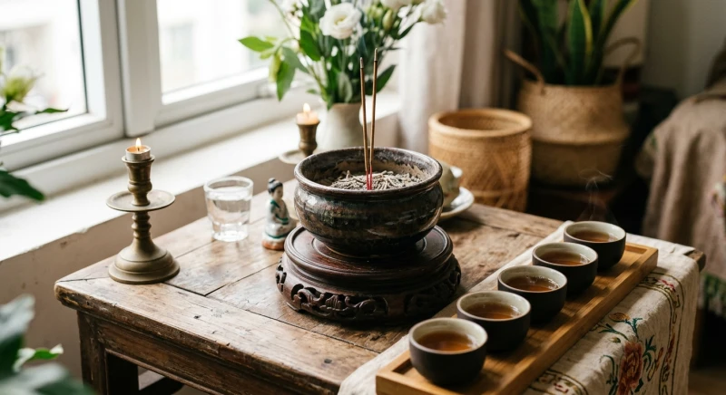 Bát hương được kê vững chắc trên một chiếc đế gỗ hương có đường kính vừa vặn