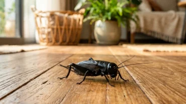 Chú dế mèn đen bóng bẩy bò trên sàn gỗ phòng khách mang điềm báo dế vào nhà là điềm gì cho gia chủ