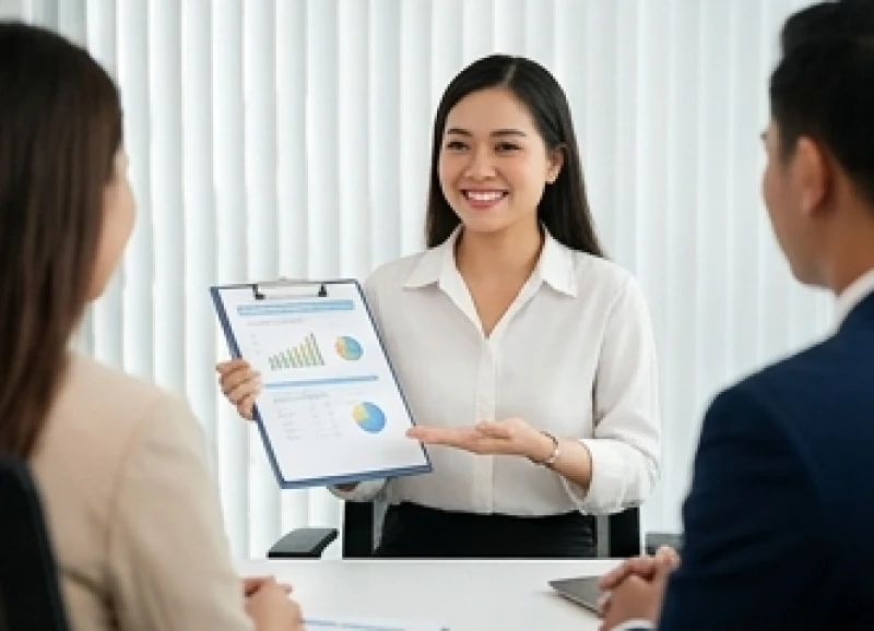 Nữ nhân viên vui vẻ và tự tin trình bày bản báo cáo thành tích cá nhân trước ban lãnh đạo