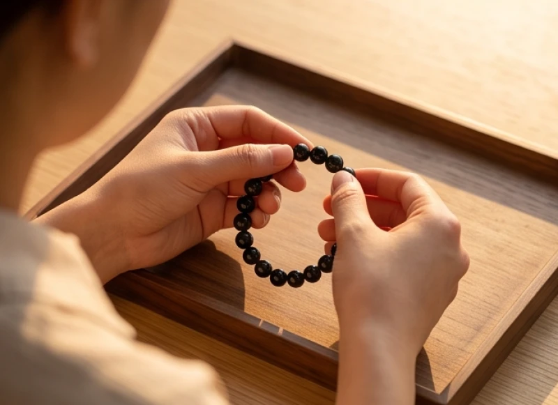 Vòng tay đá phong thủy tuổi Tý: Cách chọn số hạt, size và bảng giá 8 Bàn tay đang tỉ mỉ đếm từng hạt trên chuỗi vòng phong thủy để tính cung Sinh Lão