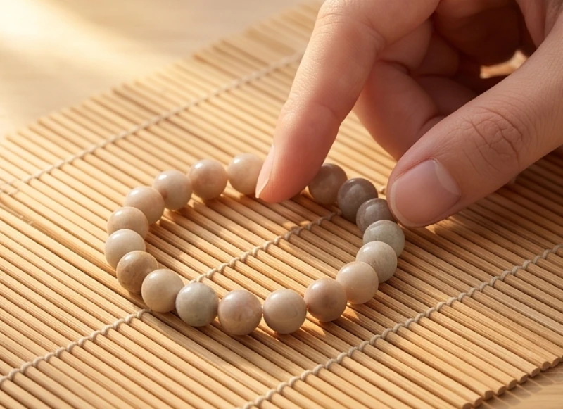 Bàn tay đang đếm từng hạt đá trên chuỗi vòng phong thủy để tính cung luân hồi