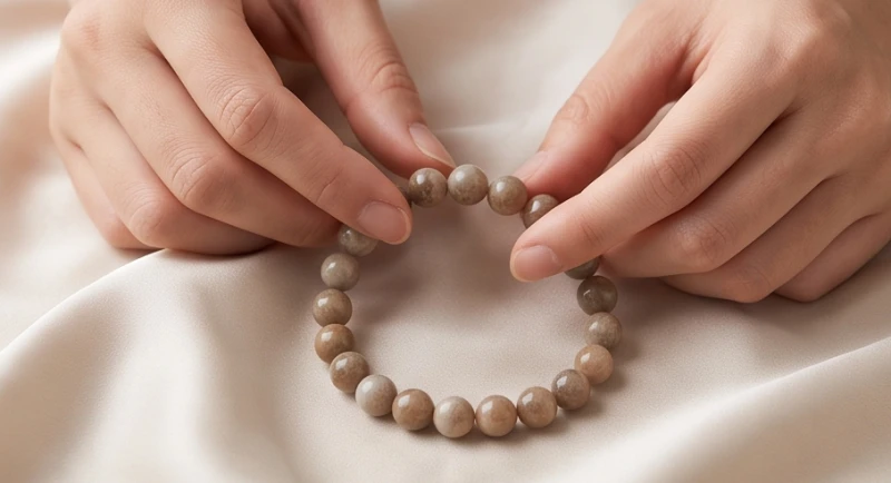 Bàn tay đang tỉ mỉ đếm từng hạt vòng đá phong thủy để đảm bảo đúng cung Sinh Lão