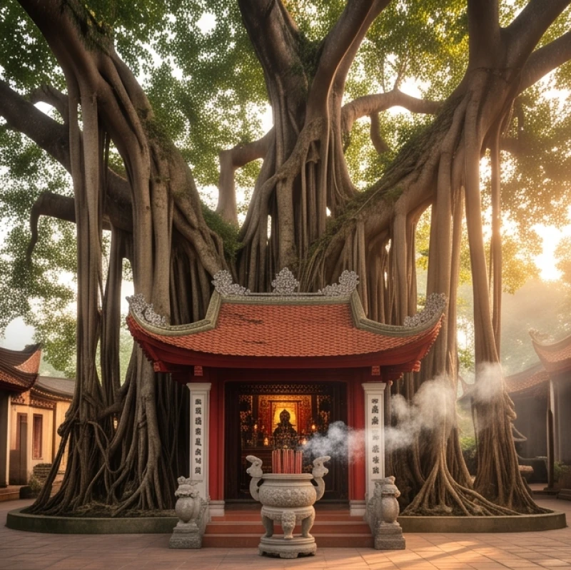Khung cảnh linh thiêng tại Đền Cây Đa 13 gốc ở Hải Phòng với cây đa cổ thụ rễ bám rủ xuống