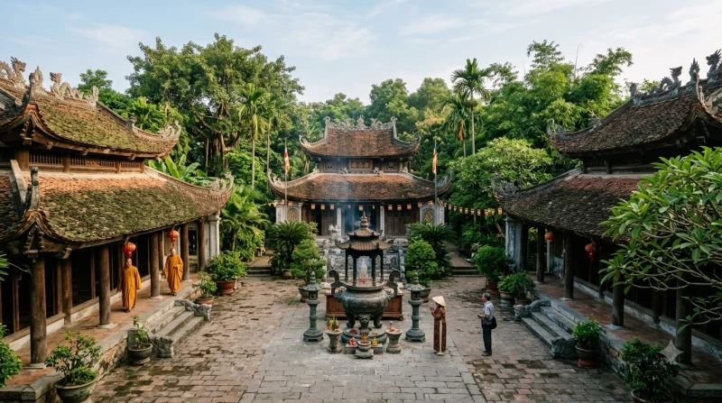 Toàn cảnh khoảng sân rộng rãi và mái ngói rêu phong của một ngôi chùa cổ Việt Nam dưới ánh nắng ban mai