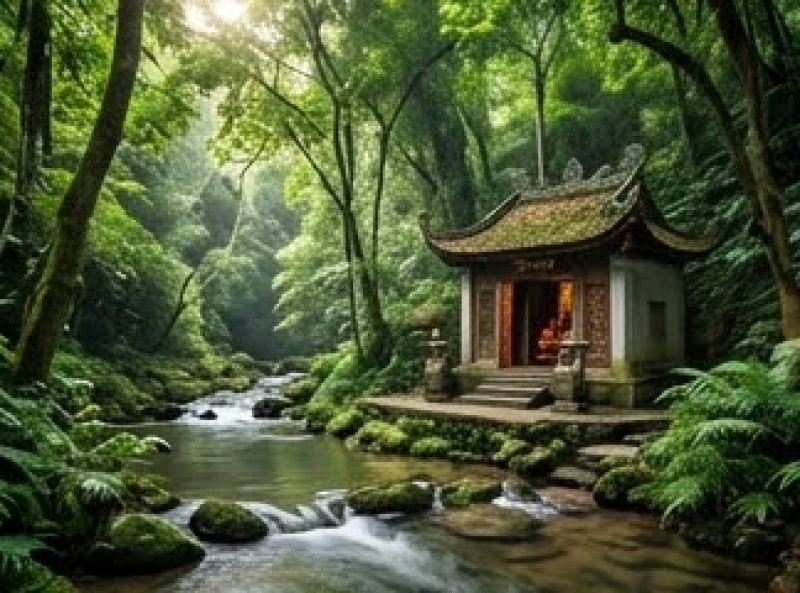 Văn khấn Đền Quốc Mẫu Tây Thiên: Văn bản chuẩn & Hướng dẫn sắm lễ 7 Ngôi Đền Cô Bé Tây Thiên nhỏ nhắn nằm êm đềm bên cạnh dòng suối róc rách giữa cánh rừng xanh
